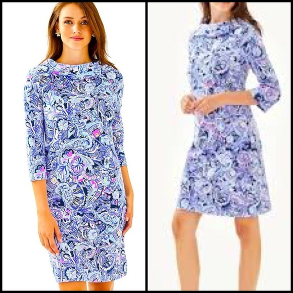 Lilly Pulitzer Saralyn Floral Blue Pink Flat French Terry Shift Tropical Dress S - Picture 1 of 14